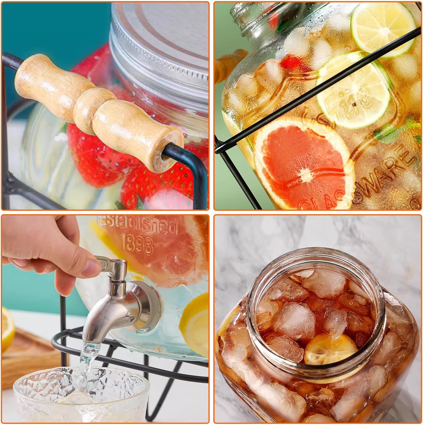 CARLA HOME 5L Glass Drink Dispenser with Metal Stand, Wide Mouth Beverage Jar & Stainless Steel Tap for Lemonade, Iced Tea, Water & Fruit-Infused Drinks - Image 4