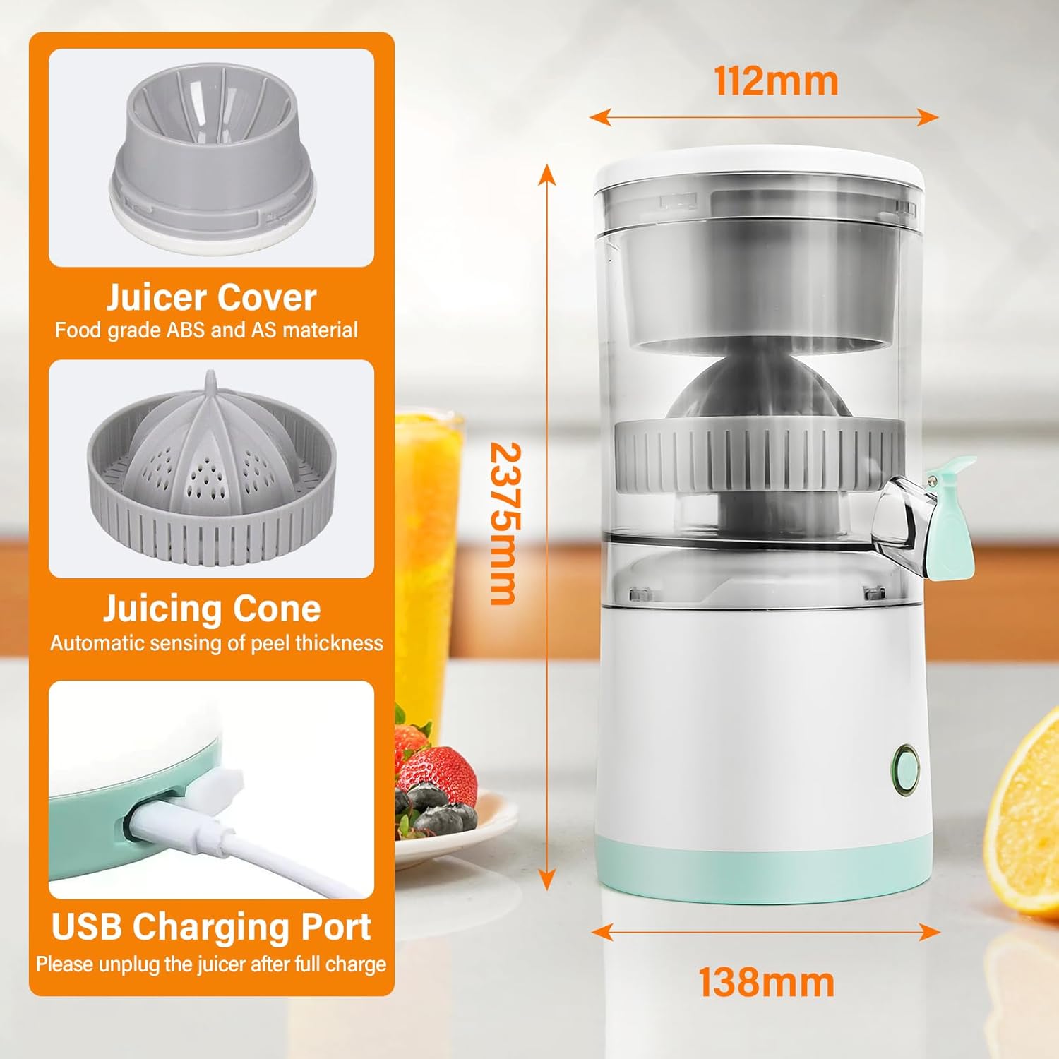 CARLA HOME Hands-Free Citrus Juicer with USB Rechargeable Electric Fruit Squeezer - Image 3