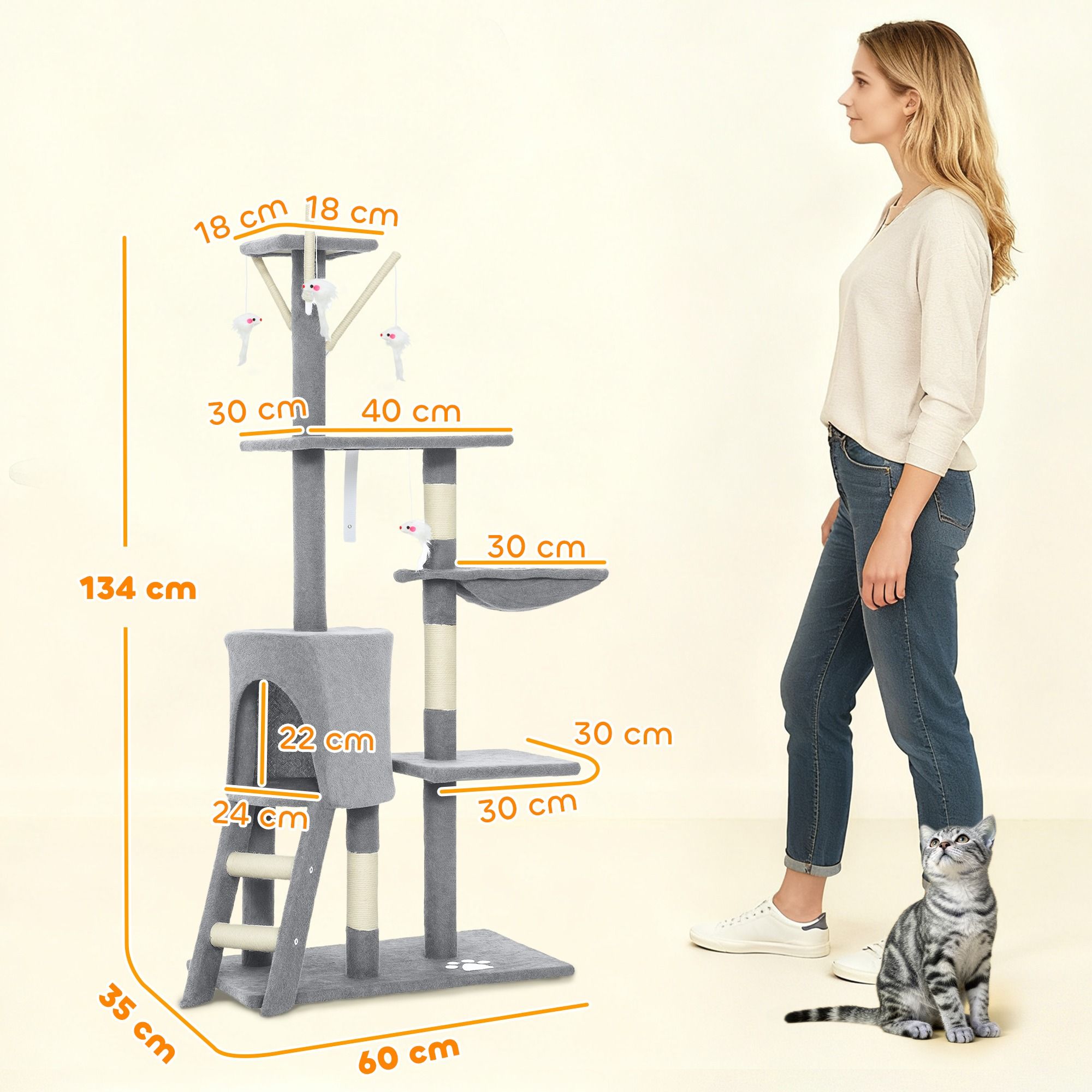 CARLA HOME 134cm Cat Tree for Indoor Cats with Hammock, Plush Perch & Sisal Scratching Posts for Kittens & Adult Cats (Light Grey) - Image 3