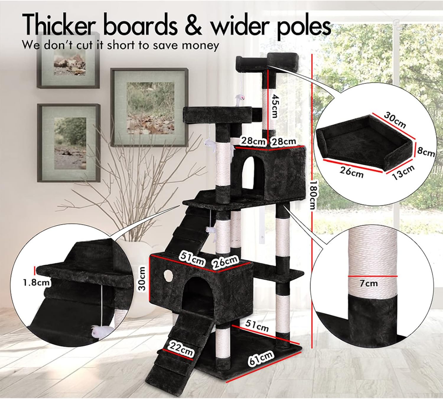 CARLA HOME 180cm Cat Tree Tower for Indoor Cats with Dual Condos, Plush Perches, Sisal Scratching Posts & Ramps for Kittens & Adult Cats (Beige) - Image 3
