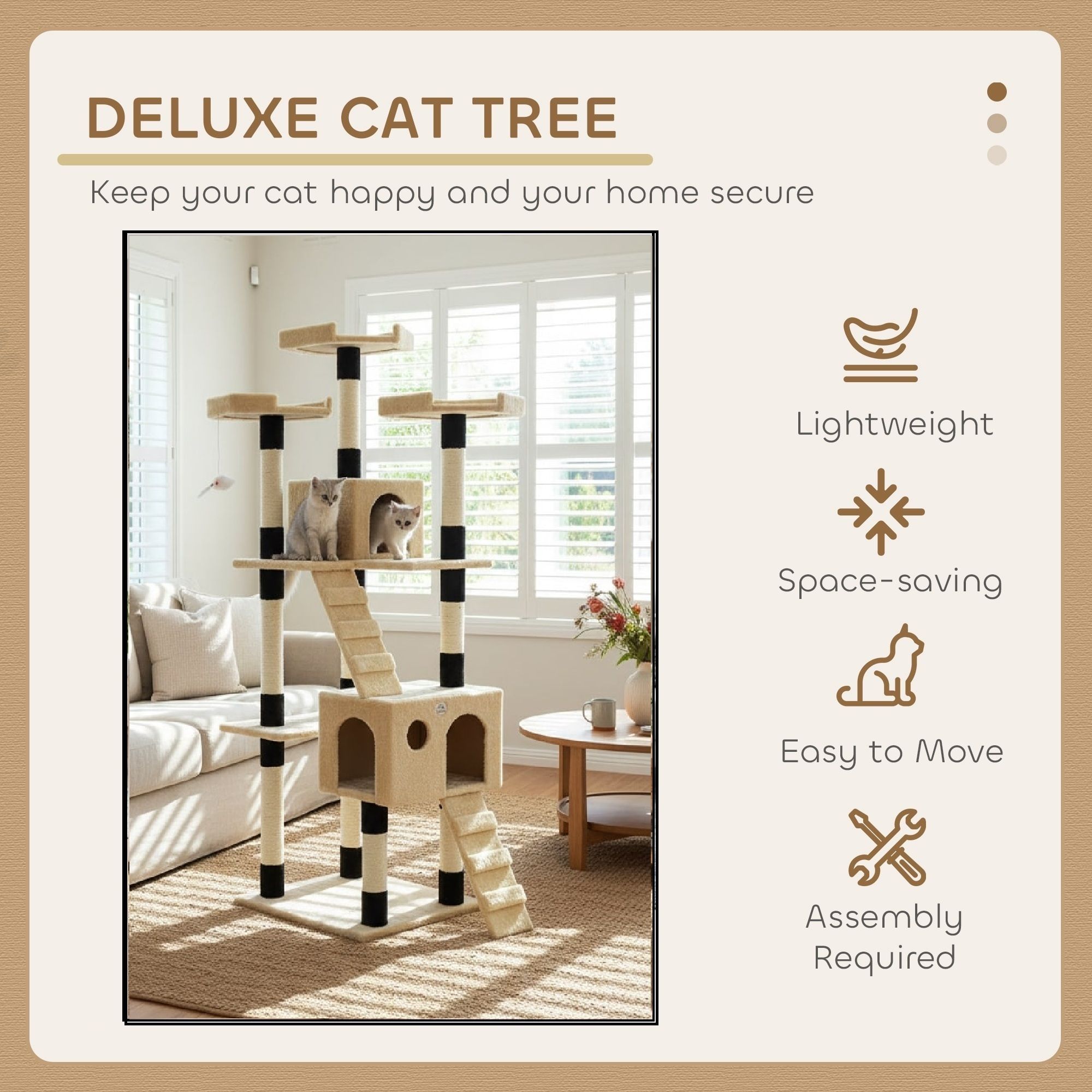 CARLA HOME 180cm Cat Tree Tower for Indoor Cats with Dual Condos, Plush Perches, Sisal Scratching Posts & Ramps for Kittens & Adult Cats (Beige) - Image 4