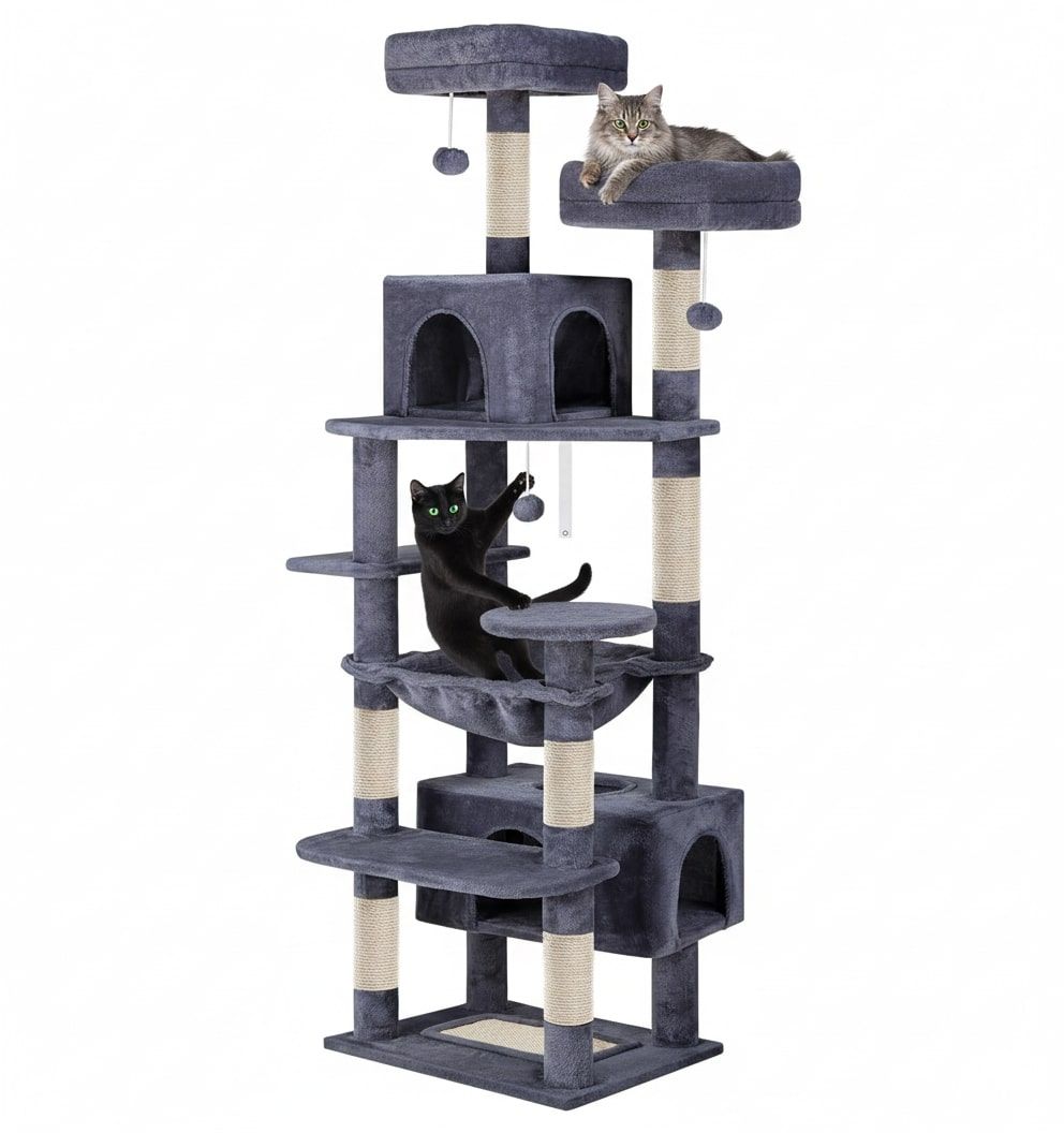 CARLA HOME 180cm Cat Tree Tower for Indoor Cats with Plush Perches, Dual Condos, Natural Sisal Scratching Posts & Ramps for Kittens & Adult Cats (Grey) - Image 1