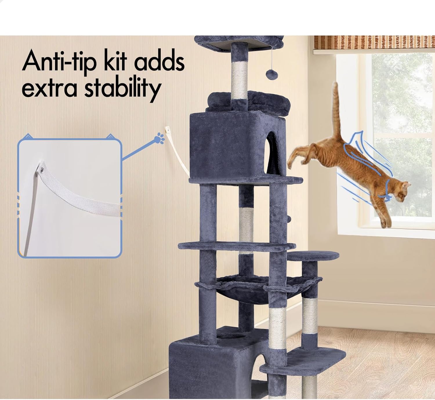 CARLA HOME 180cm Cat Tree Tower for Indoor Cats with Plush Perches, Dual Condos, Natural Sisal Scratching Posts & Ramps for Kittens & Adult Cats (Grey) - Image 6