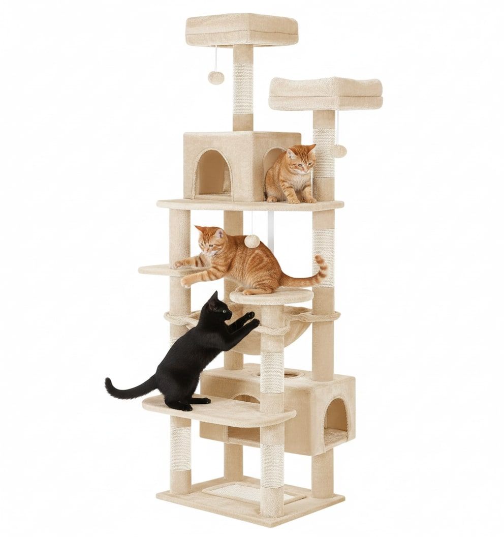 CARLA HOME 180cm Cat Tree Tower for Indoor Cats with Plush Perches, Dual Condos, Natural Sisal Scratching Posts & Ramps for Kittens & Adult Cats (Beige) - Image 1