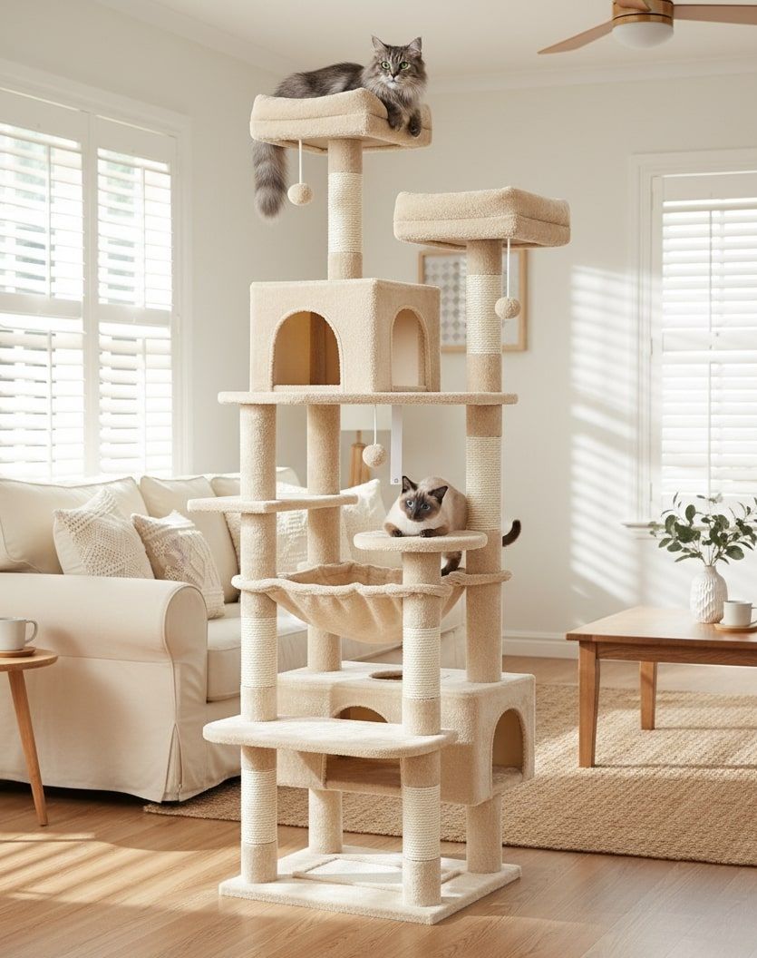 CARLA HOME 180cm Cat Tree Tower for Indoor Cats with Plush Perches, Dual Condos, Natural Sisal Scratching Posts & Ramps for Kittens & Adult Cats (Beige) - Image 2