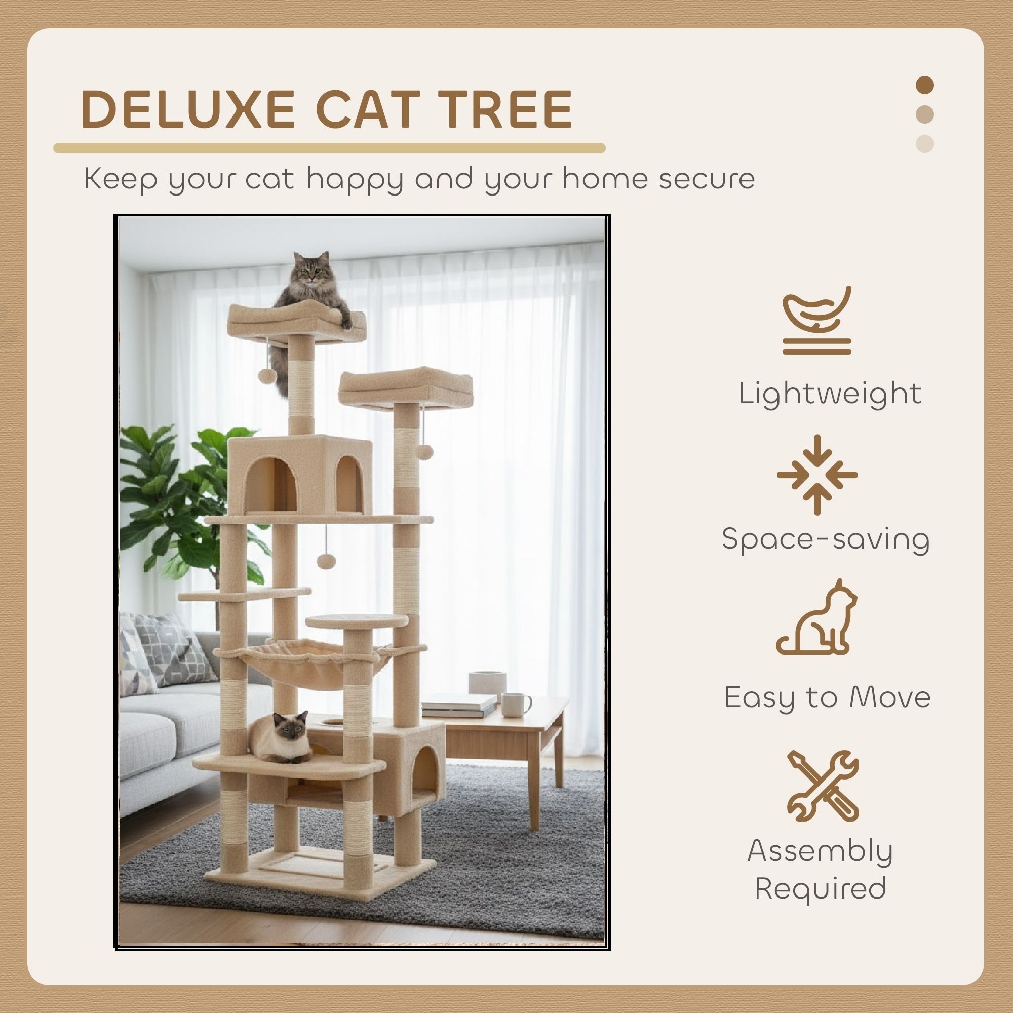 CARLA HOME 180cm Cat Tree Tower for Indoor Cats with Plush Perches, Dual Condos, Natural Sisal Scratching Posts & Ramps for Kittens & Adult Cats (Beige) - Image 4