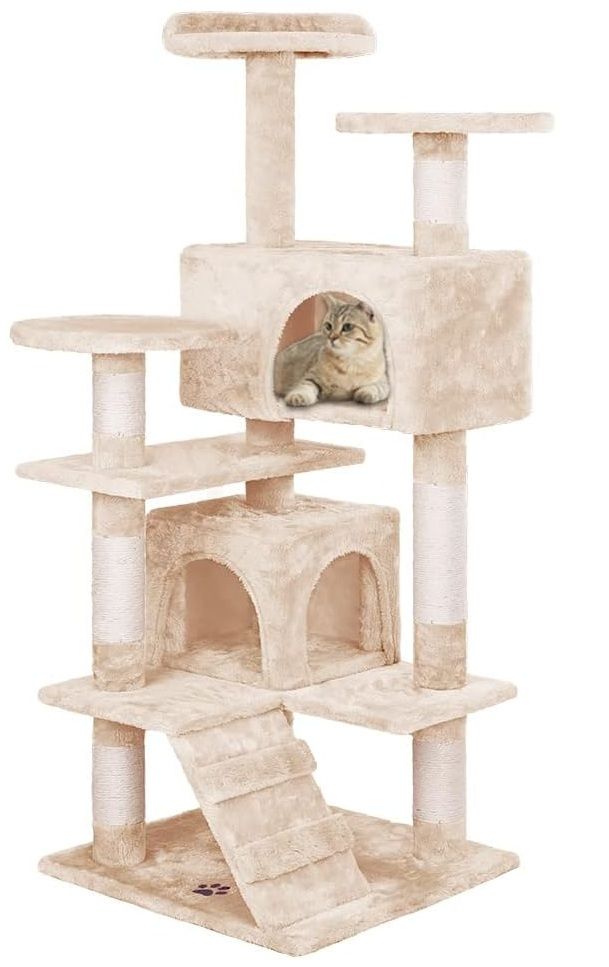 CARLA HOME 134cm Cat Tree Tower for Indoor Cats with Plush Perches, Dual Condos, Natural Sisal Scratching Posts & Ramp for Kittens & Adult Cats (Beige) - Image 1