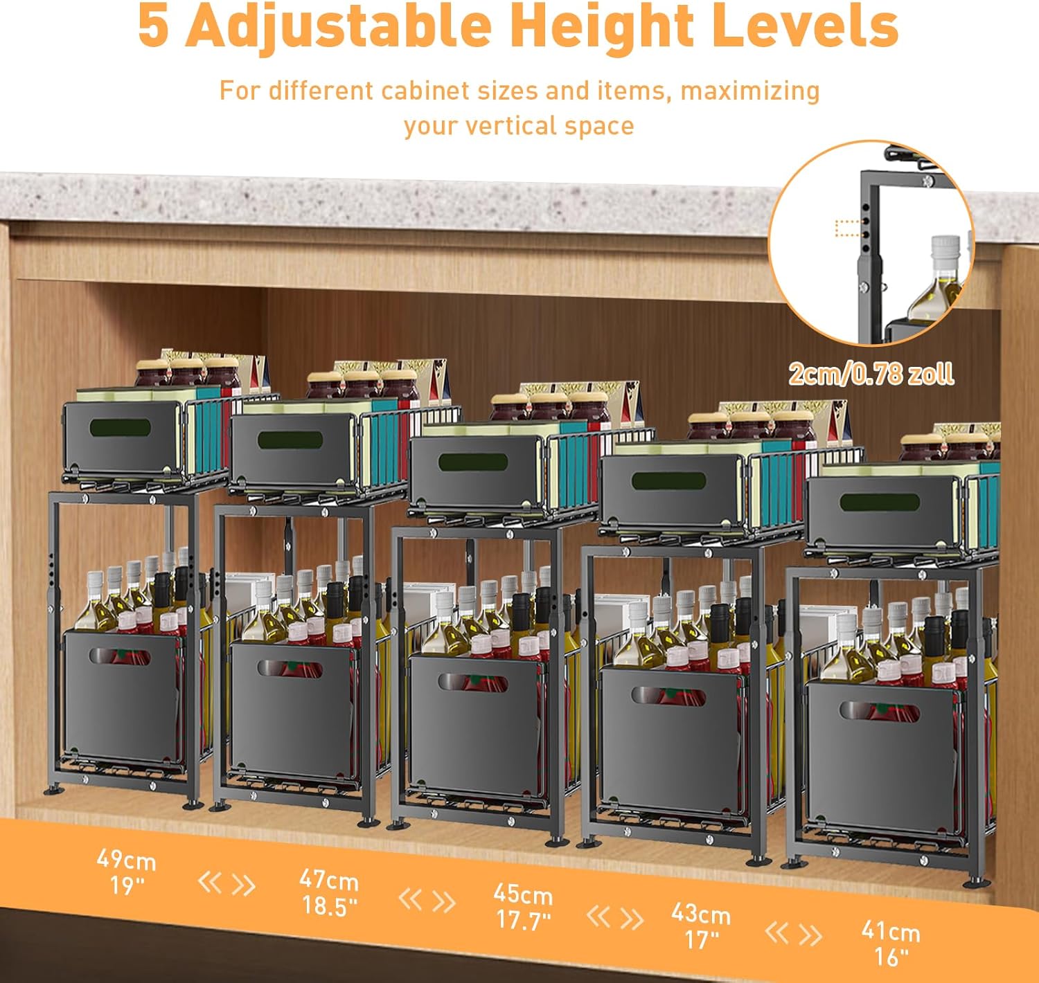 CARLA HOME 2- Pack Under Sink Organizer with Sliding Drawers & Height Adjustable for Kitchen Bathroom Cabinet Organization - Image 3