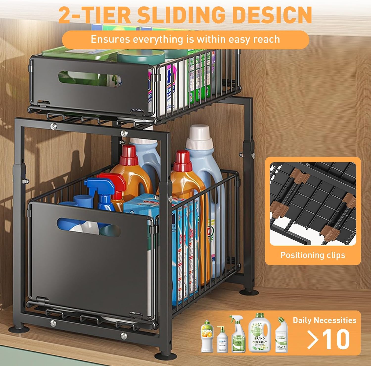 CARLA HOME 2- Pack Under Sink Organizer with Sliding Drawers & Height Adjustable for Kitchen Bathroom Cabinet Organization - Image 5