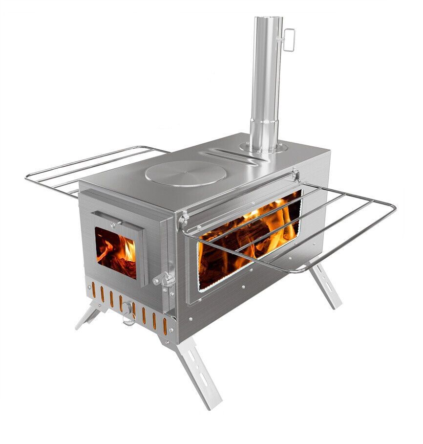 Stainless Steel Wood Burning Stove 1 Burner Camping BBQ with Chimney - Image 1