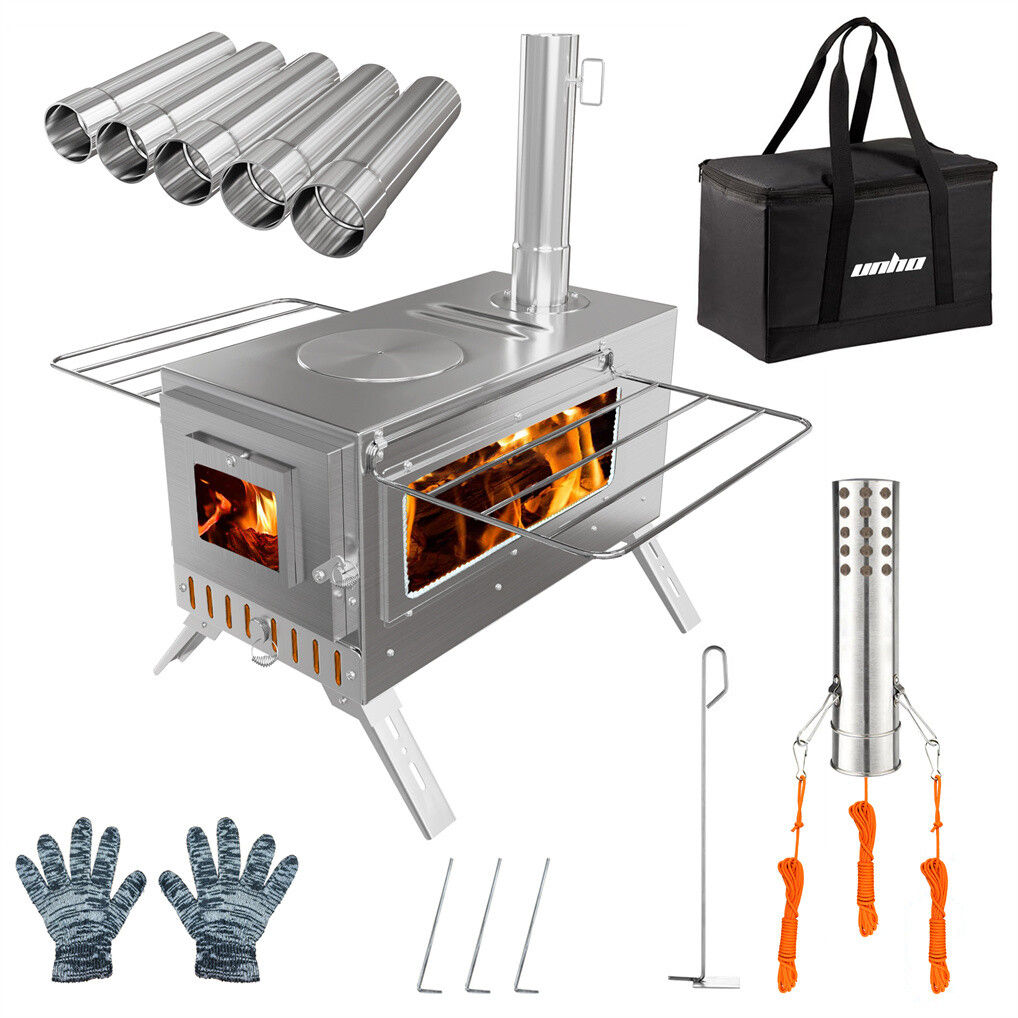 Stainless Steel Wood Burner Stove for Camping w/ Chimney & Bag - Image 1