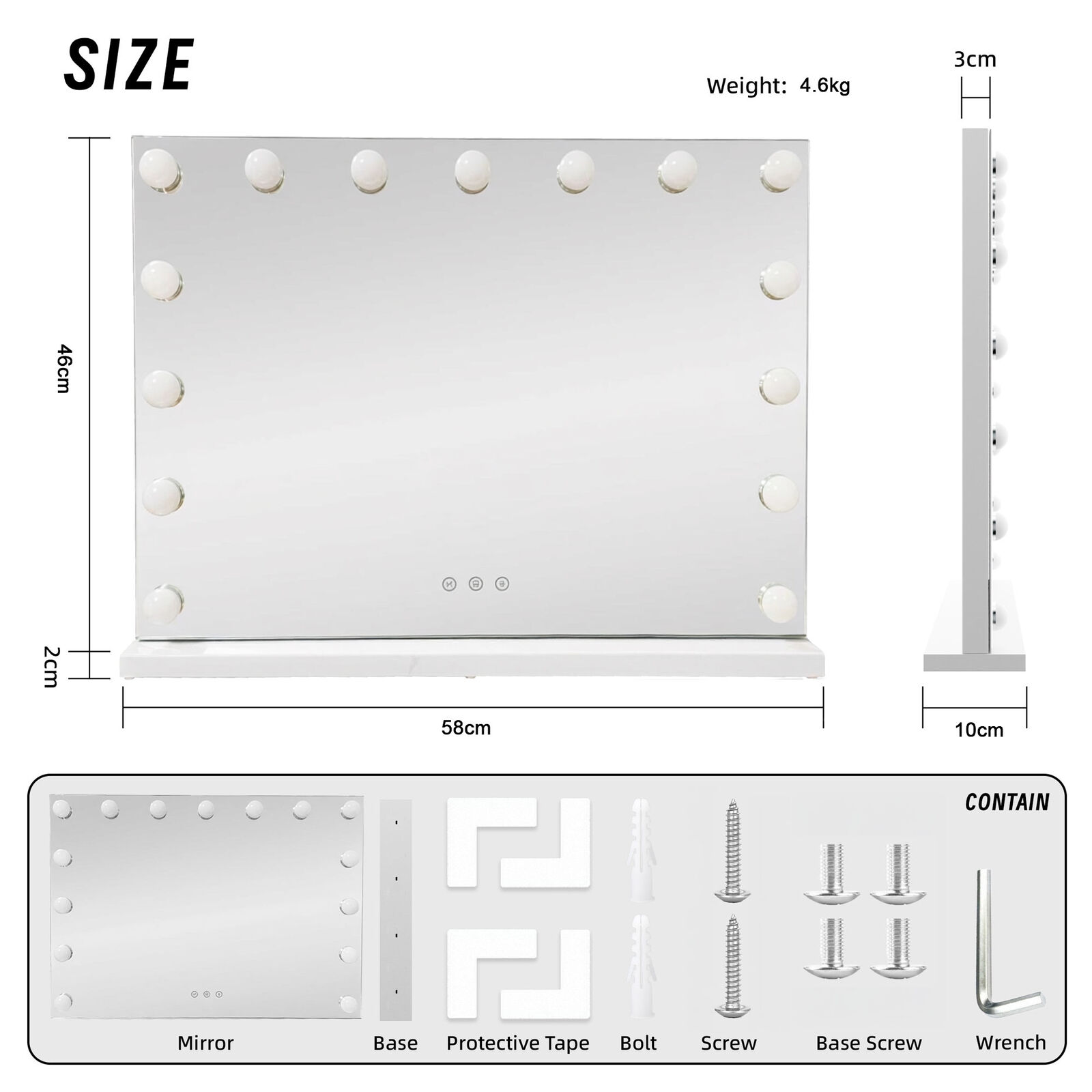 LED Beauty Mirror with 15 Bulbs, Colour Settings, USB A and USB C, White, 58 × 48cm - Image 3