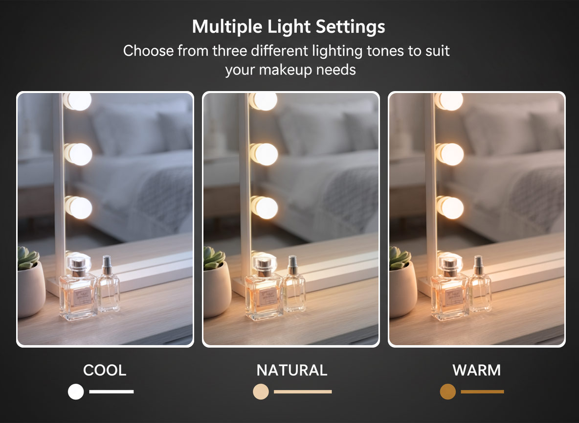LED Beauty Mirror with 15 Bulbs, Colour Settings, USB A and USB C, White, 58 × 48cm - Image 5