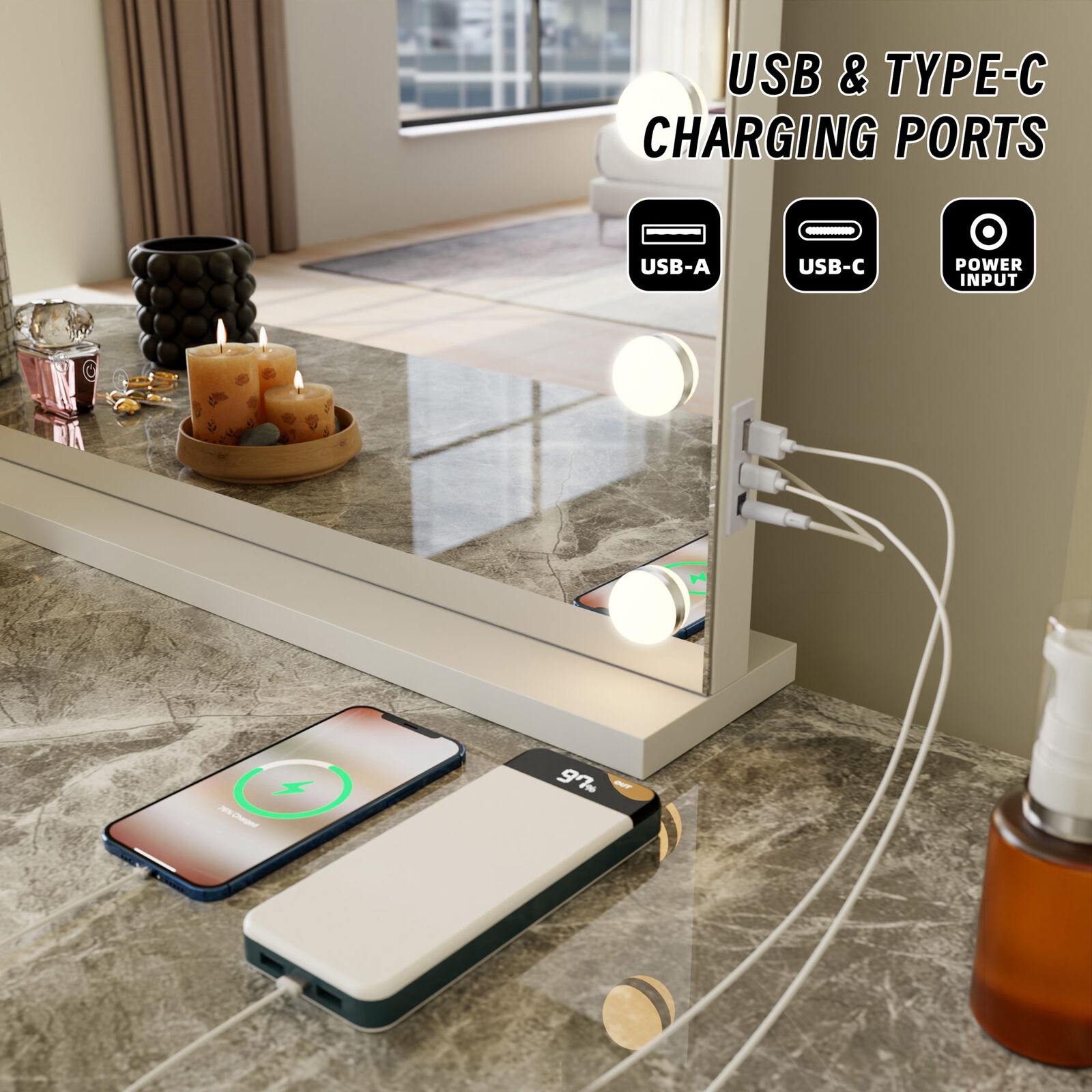 LED Beauty Mirror with 15 Bulbs, Colour Settings, USB A and USB C, White, 58 × 48cm - Image 6