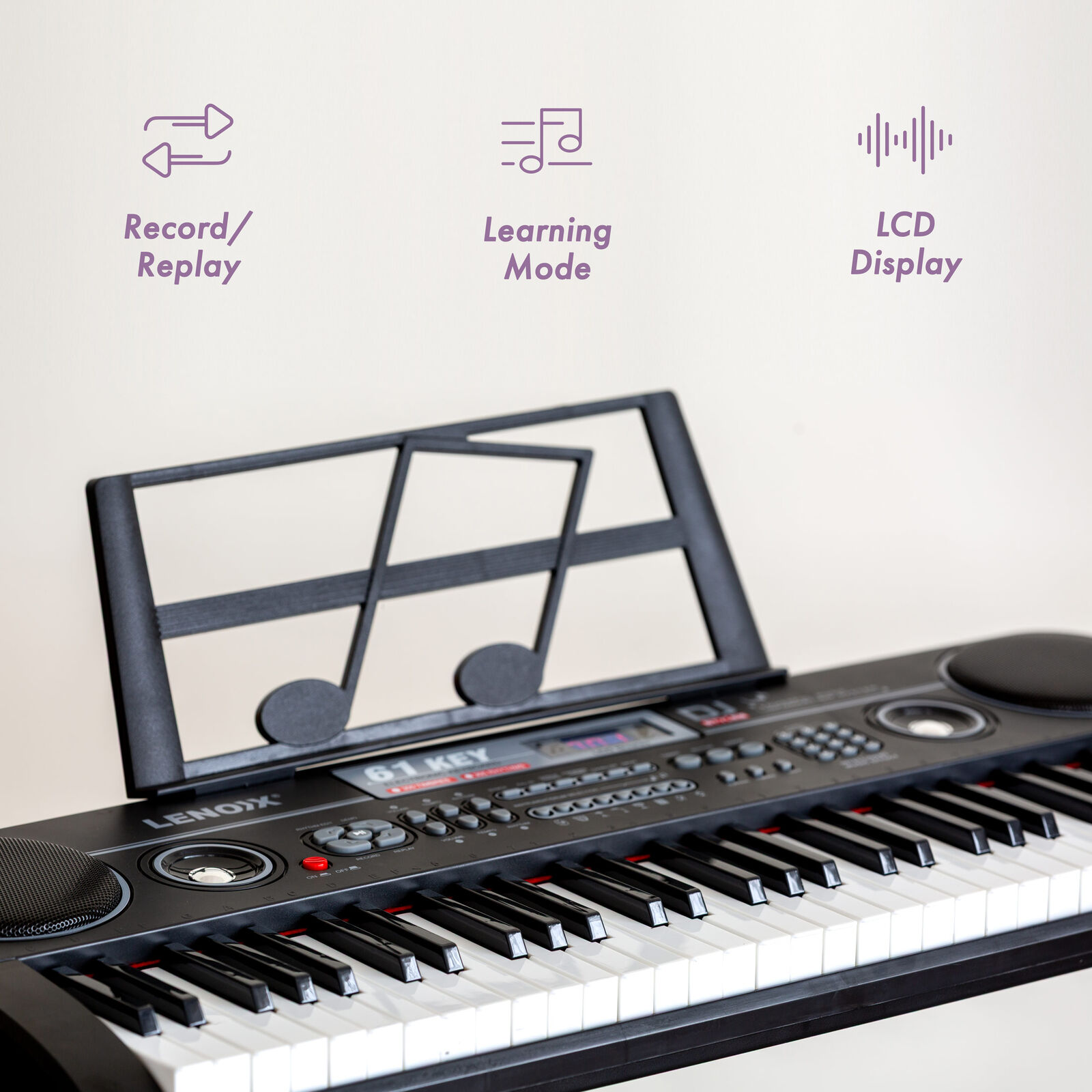 61-Key Electronic Learning Piano Keyboard, Light-Up Keys, LCD Display, with Music Stand Holder - Image 3