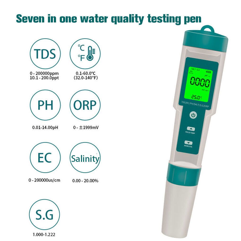 7 In 1 PH Meter TDS/EC/Salt/Temp Water Quality Monitor Tester Pen Pool Aquarium - Image 2