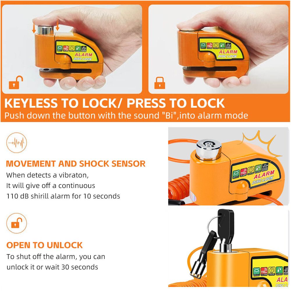Yellow Motorcycle Alarm Disc Lock Motor Bike Brake Security Electric  Bicycle Lock AU - Image 6