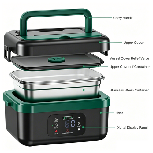Portable 1L Cordless Electric Heated Lunch Box 16000mAh 60W 304 Stainless Steel Black&Green - Image 6