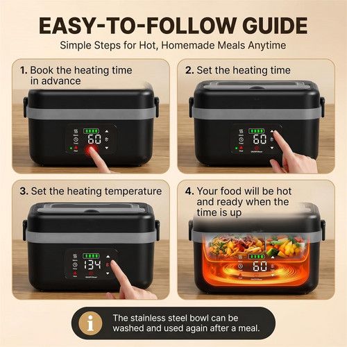 Portable 1L Cordless Electric Heated Lunch Box 16000mAh 60W 304 Stainless Steel Black& Gray - Image 5