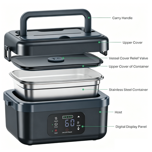 Portable 1L Cordless Electric Heated Lunch Box 16000mAh 60W 304 Stainless Steel Black& Gray - Image 7