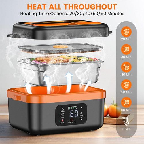 Portable 1L Cordless Electric Heated Lunch Box 16000mAh 60W 304 Stainless Steel Black& orange - Image 2