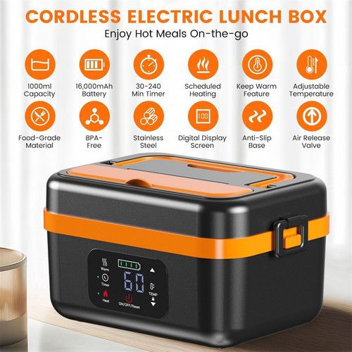 Portable 1L Cordless Electric Heated Lunch Box 16000mAh 60W 304 Stainless Steel Black& orange - Image 6