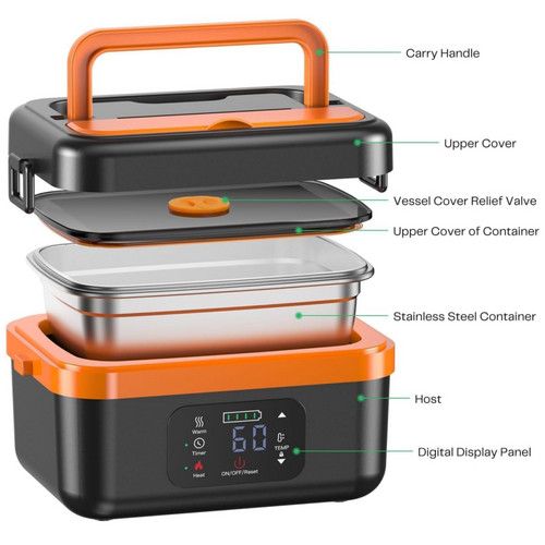 Portable 1L Cordless Electric Heated Lunch Box 16000mAh 60W 304 Stainless Steel Black& orange - Image 8