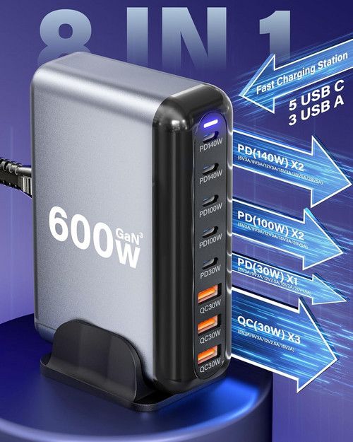 600W GaN³ 8 Ports Fast Charging Station USB&Type-C for iPhone, Laptops, MacBook - Image 2