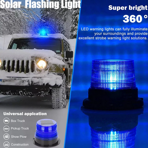 Solar Powered LED Flashing Beacon Light, 12-24V Amber Emergency Magnetic Warning Blue - Image 1