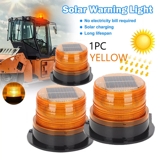 Solar Powered LED Flashing Beacon Light, 12-24V Amber Emergency Magnetic Warning Yellow - Image 1
