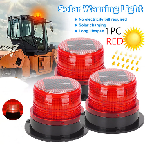 Solar Powered LED Flashing Beacon Light, 12-24V Amber Emergency Magnetic Warning Red - Image 1