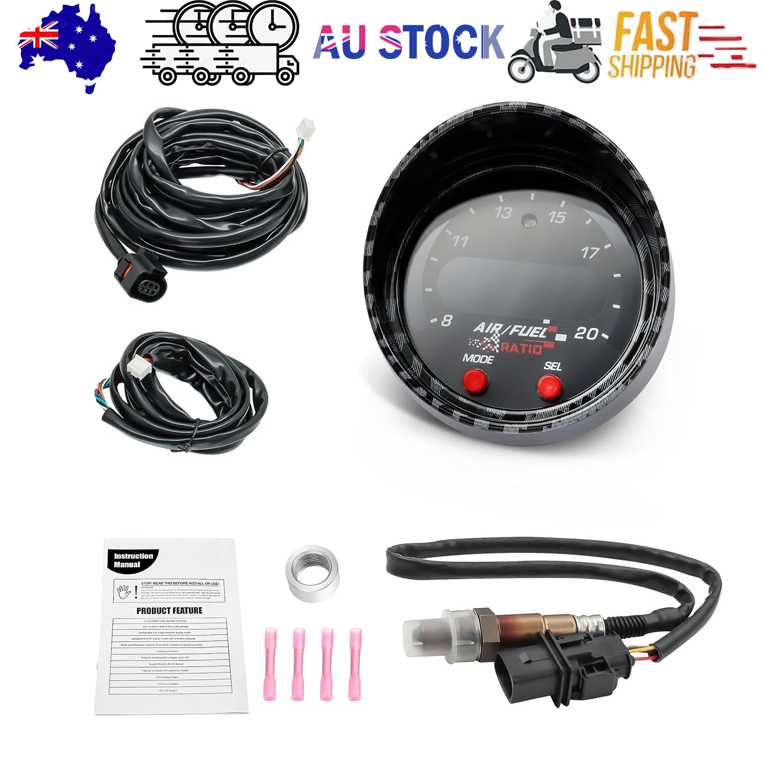 52mm AFR O2 UEGO Wideband Air Fuel Ratio Gauge Kit 30-0300 LSU 4.9 Probe Sensor - Image 1
