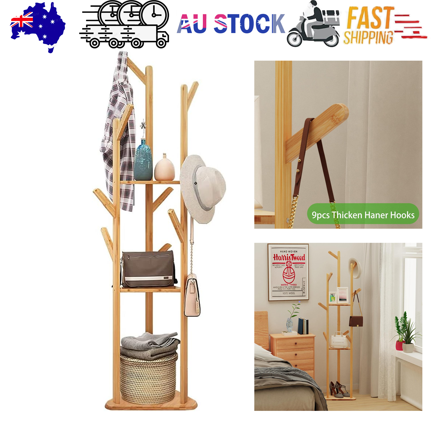 Clothes Garment Coat Rack Stand Bamboo Hanger Bag Hat Hook Holder Tree Shelf AU - Image 1