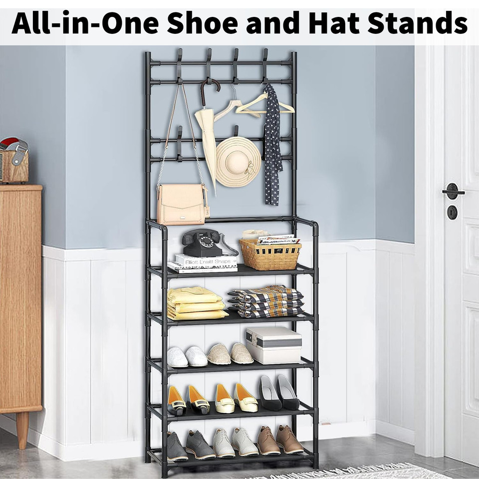 Shoe Rack Storage Cabinet Coat Hat Stand Metal Shelves 12 Pairs Black 60CM - Image 1