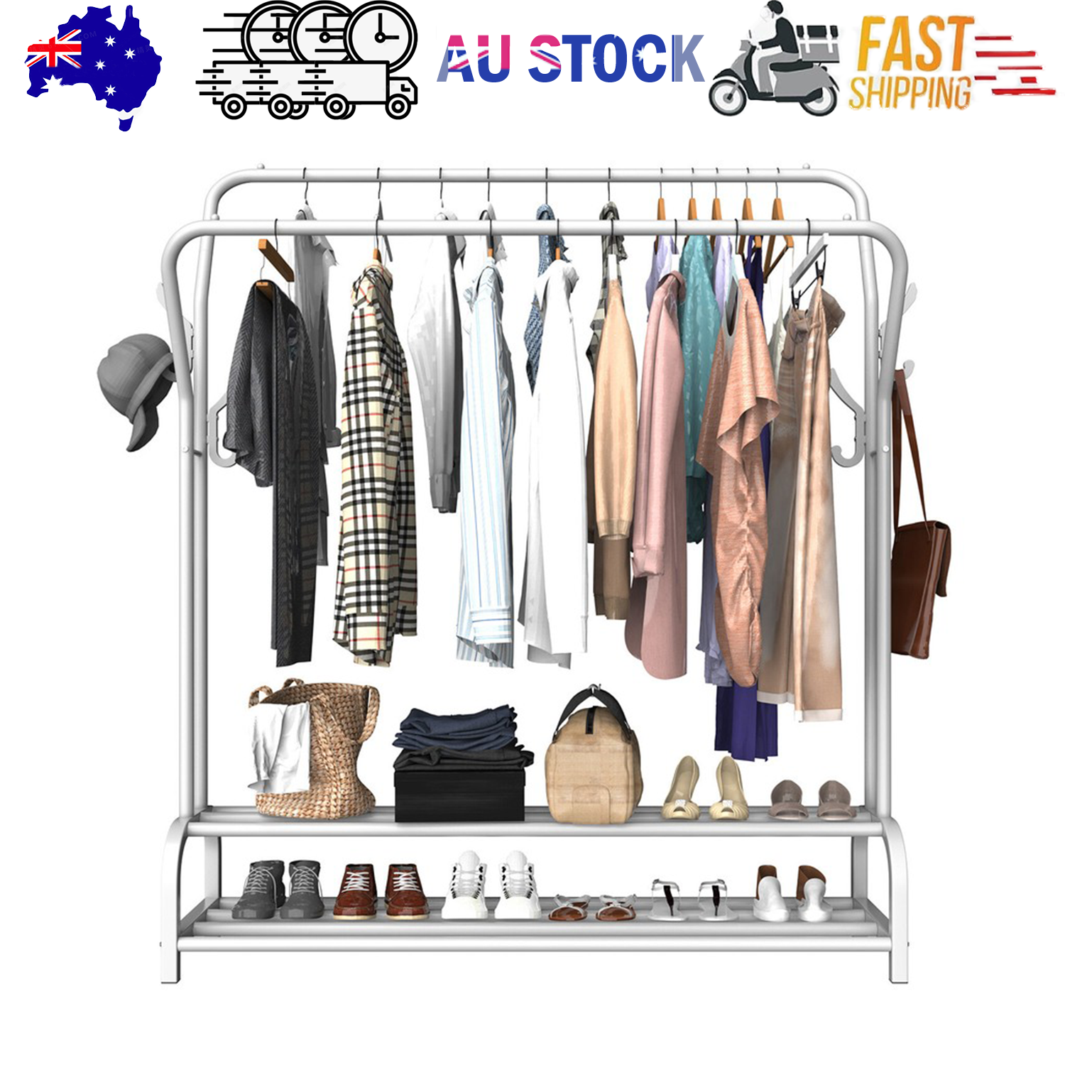White Heavy Duty Metal Double Clothes Rail Rack Garment Hanging Shoe Storage Shelf AU - Image 1