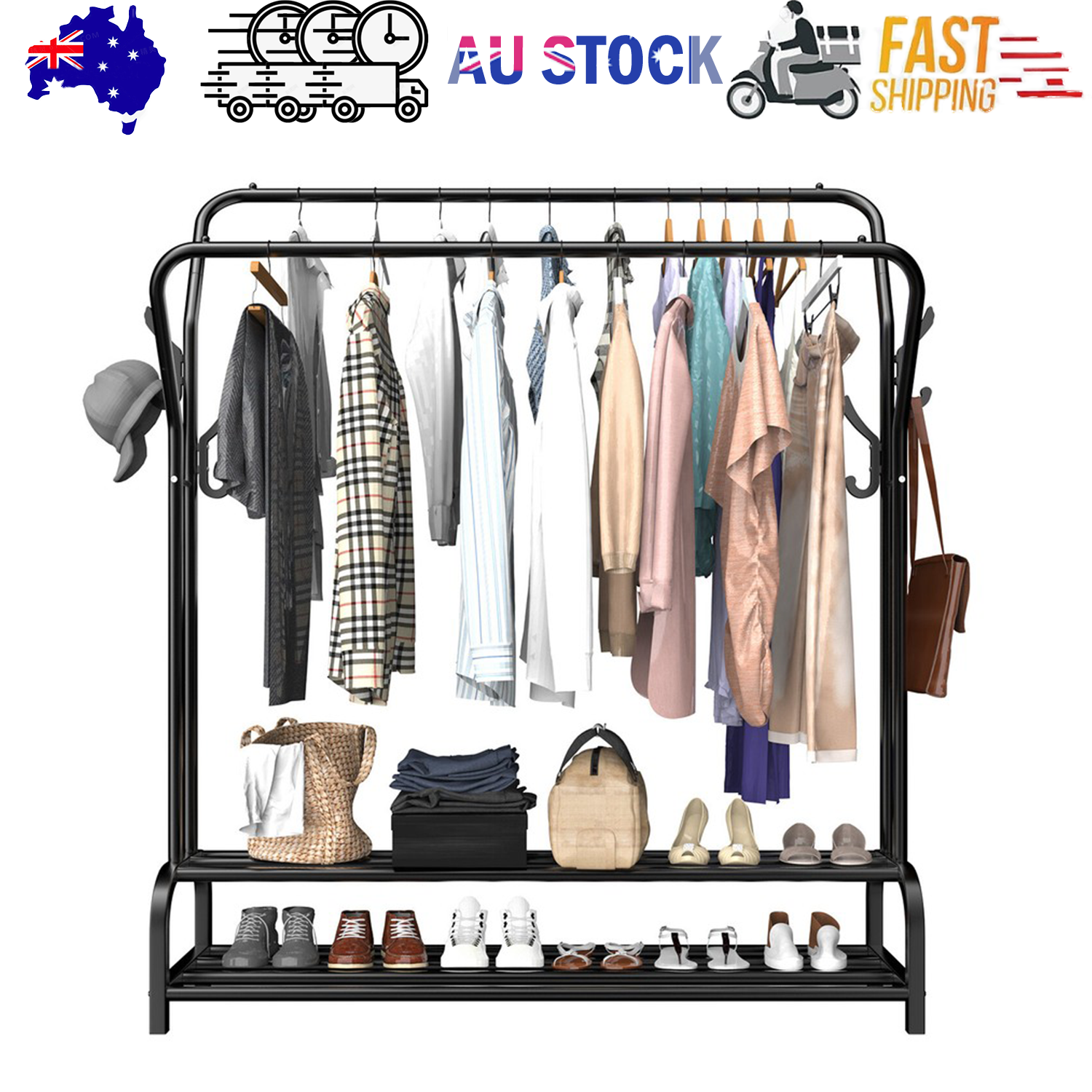 Black Heavy Duty Metal Double Clothes Rail Rack Garment Hanging Shoe Storage Shelf AU - Image 1