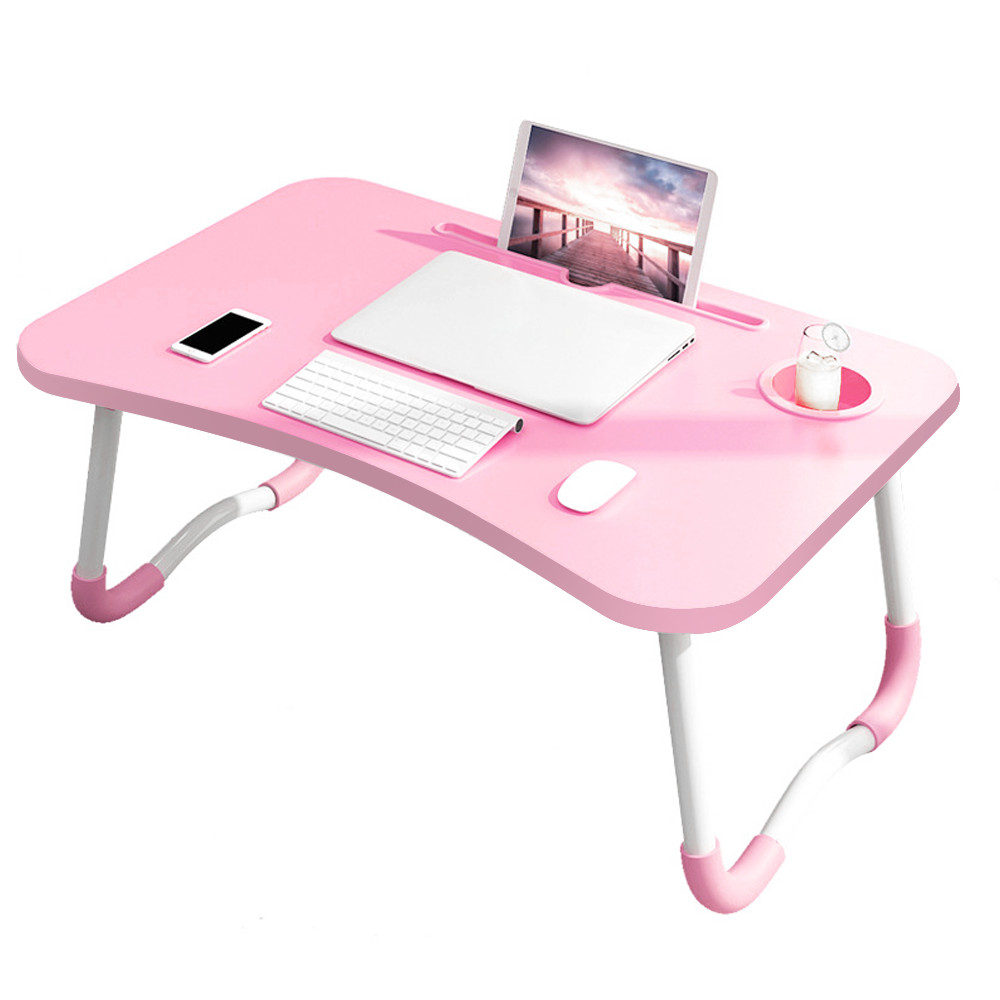 PINK Laptop Stand Table Foldable Desk Computer Study Bed Adjustable Cup Slot Tray - Image 1