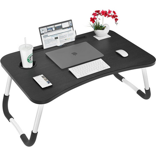 Black Laptop Stand Table Foldable Desk Computer Study Bed Adjustable Cup Slot Tray - Image 1