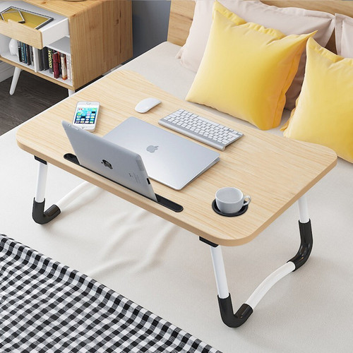Light Wood Laptop Stand Table Foldable Desk Computer Study Bed Adjustable Cup Slot Tray - Image 1