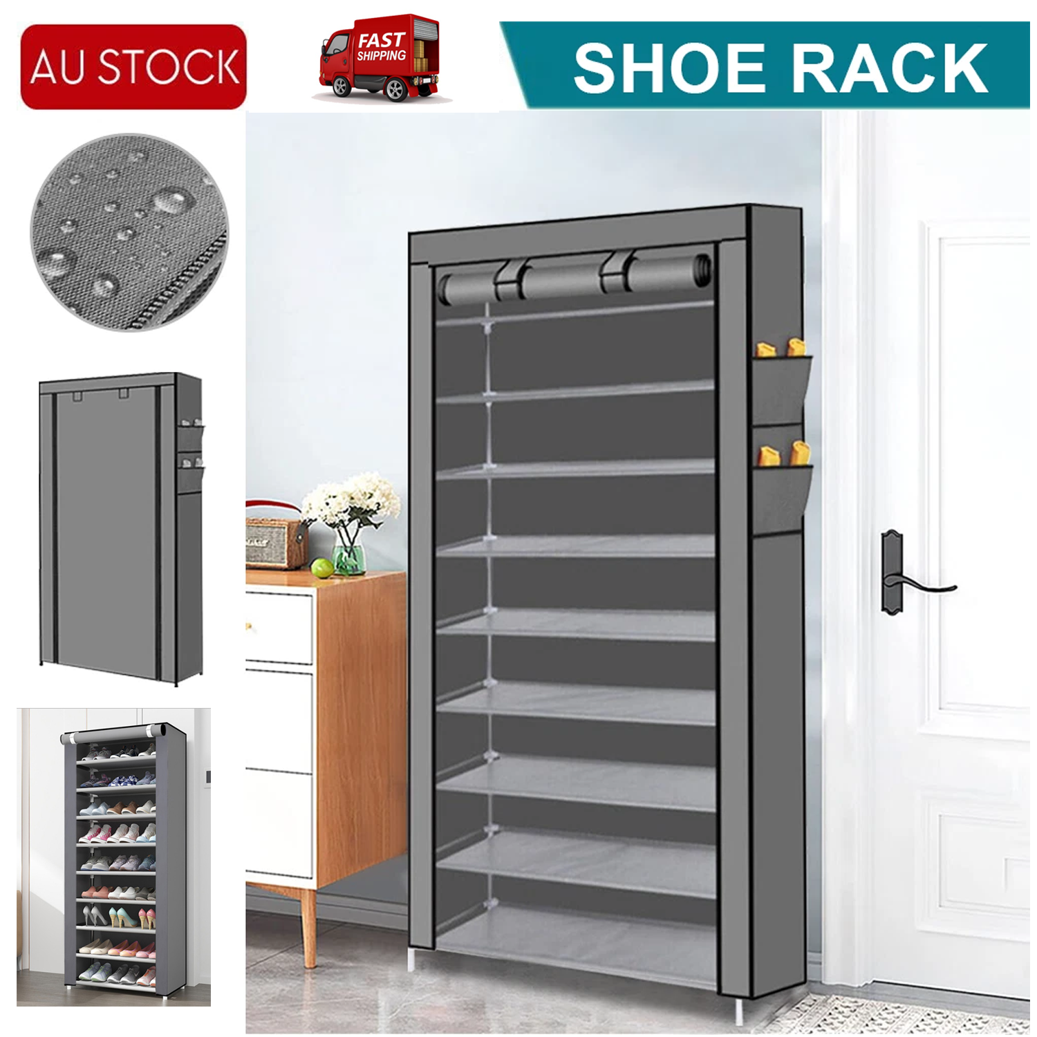 9 Tier Shoe Rack Portable Storage Cabinet Organiser Portable Wardrobe W/ Cover Gray - Image 1
