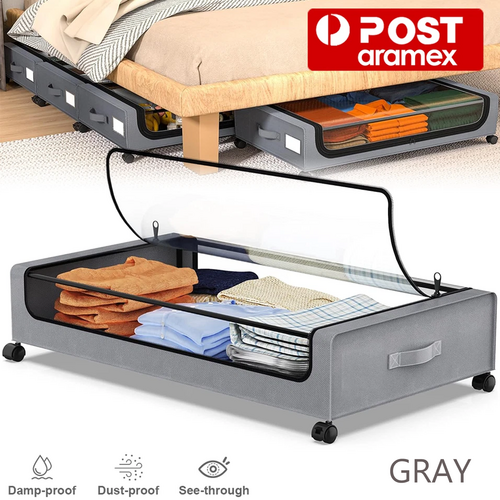 Gray Square Under-Bed Storage Rack with Wheels Sturdy Easy to Move for Bedroom AU - Image 1