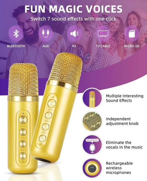Gold Karaoke Machine with 2 Wireless Microphones Bluetooth-Compatible 5.0 for Parties - Image 2