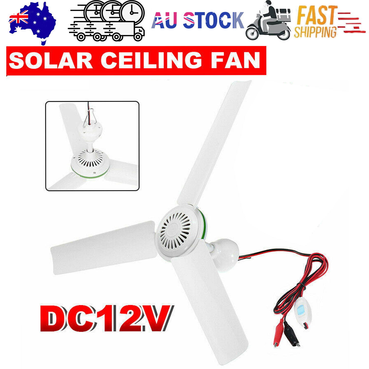 12V Ceiling Fan Portable Solar Power 3 Blade 0.7AMP Caravan Camping Outdoor - Image 1
