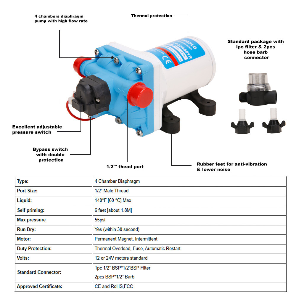 11.3LPM 55PSI 12V Water Pump for Caravan Motorhome Camper Trailer Boat RV - Image 3