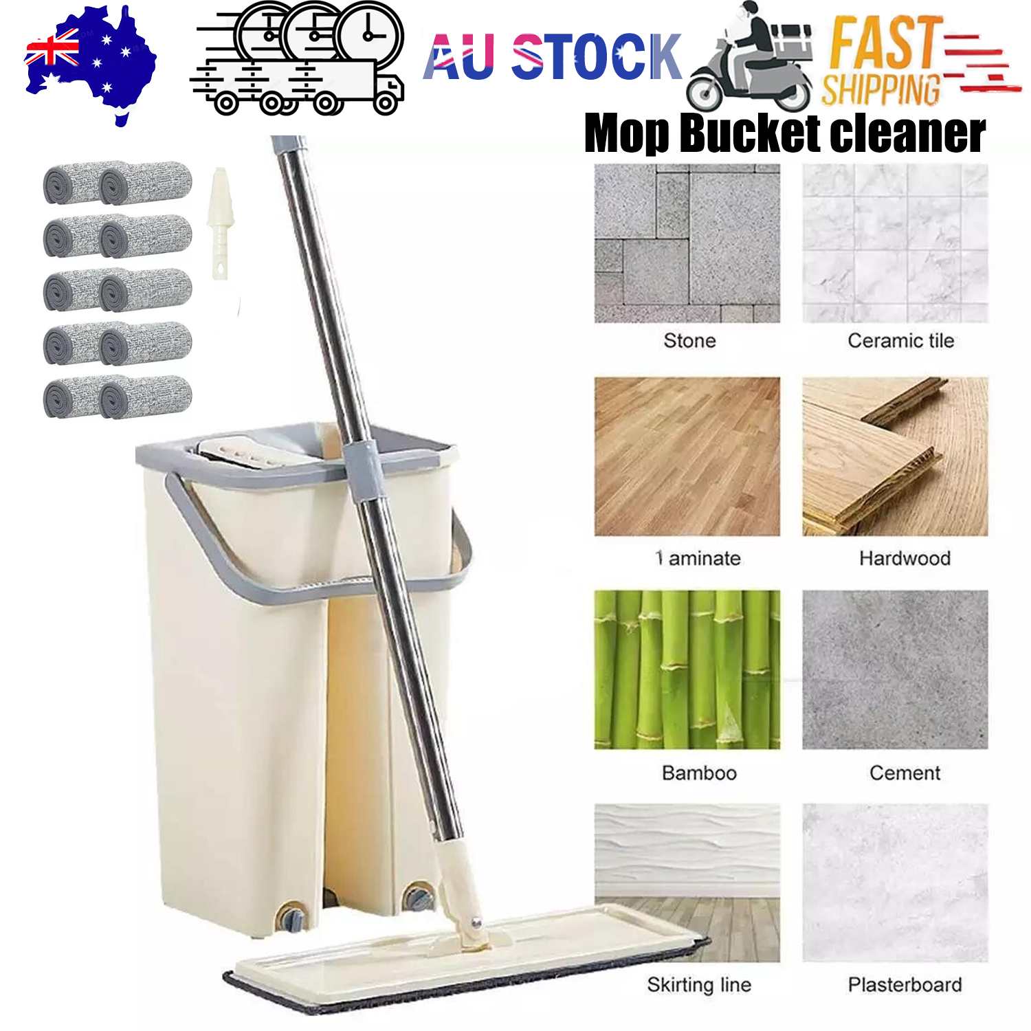 Mop Bucket Wet Dry Rinse Wash 360 Rotating Squeeze Flat Floor Cleaner with Pads - Image 1