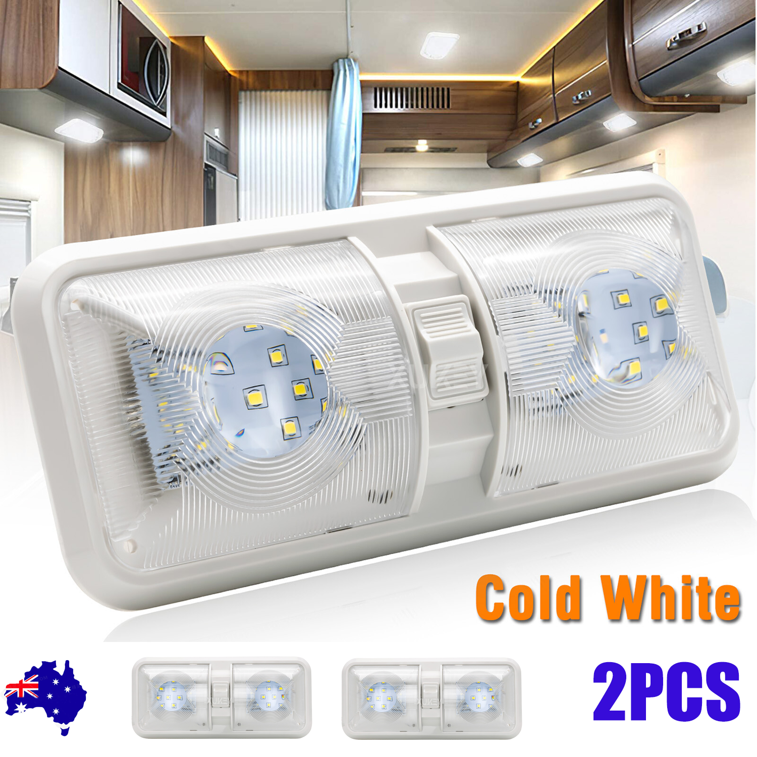 2pcs 12V RV Interior LED Ceiling Light Boat Camper Caravan Trailer Double Dome Light - Image 1