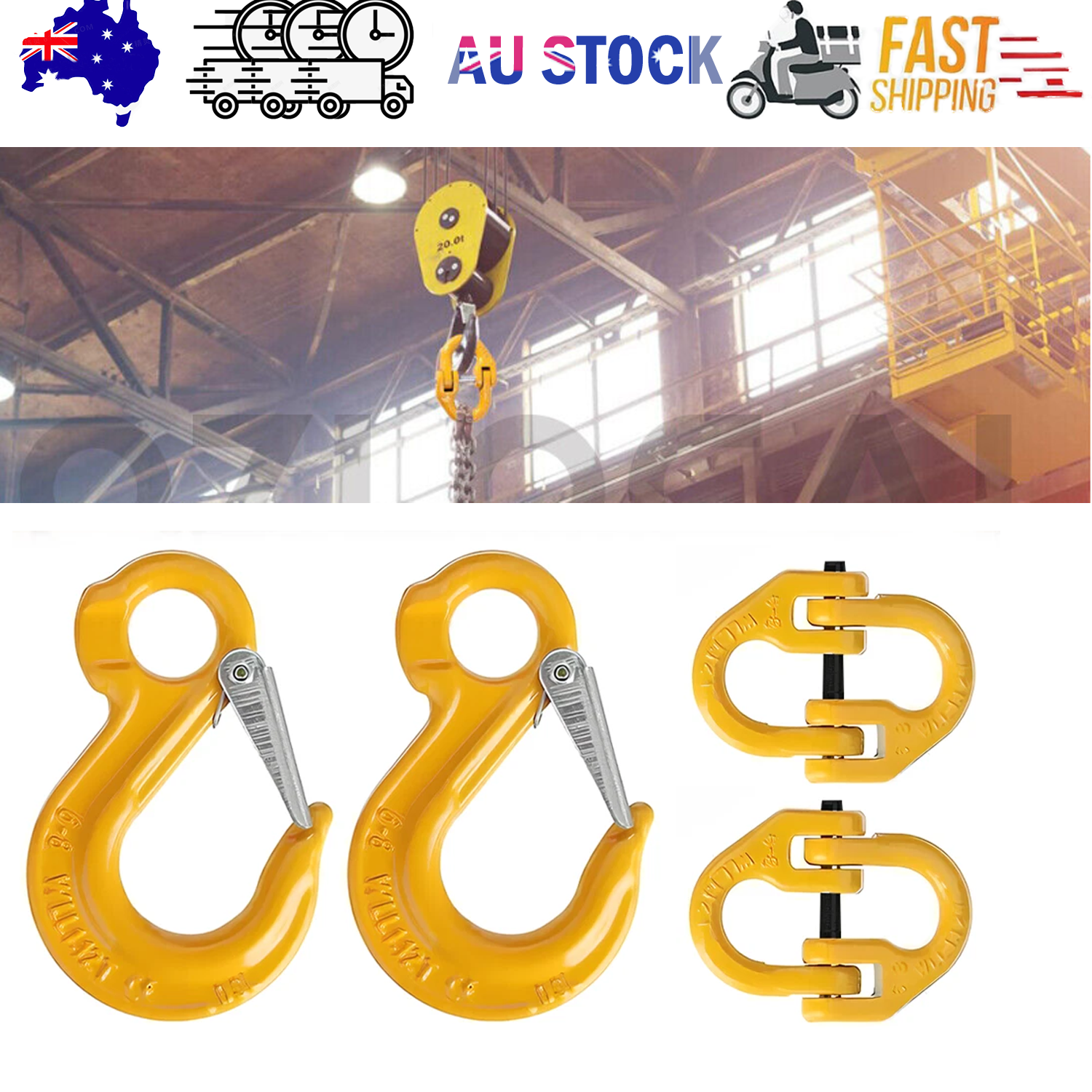 2X 8mm Hammerlock+ Eye Sling Hook Safety Chain Caravan Trailer connecting Extend - Image 1