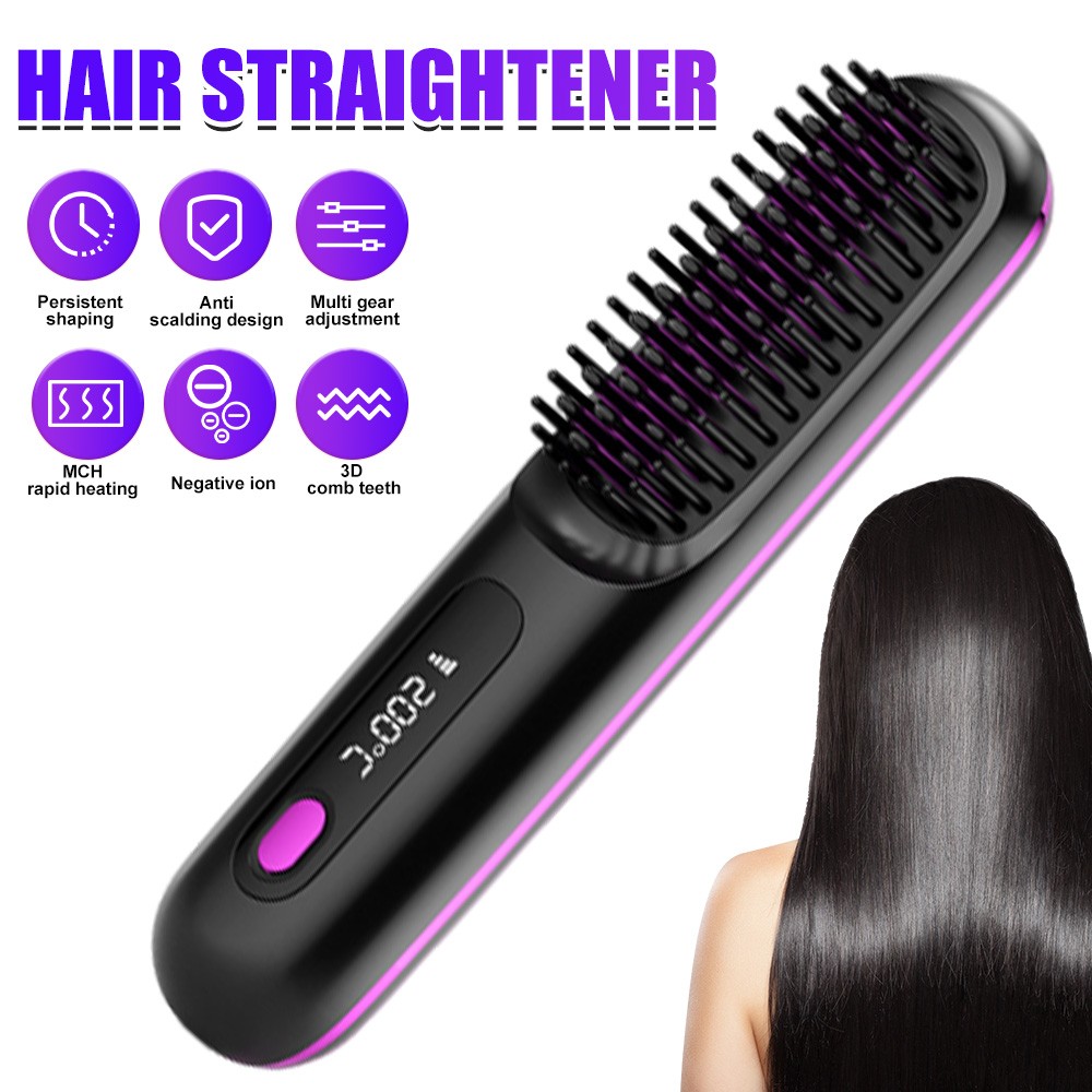 Black Hair Straightener Brush Travel Mini Rechargeable Hair Styler Fast Heating - Image 1