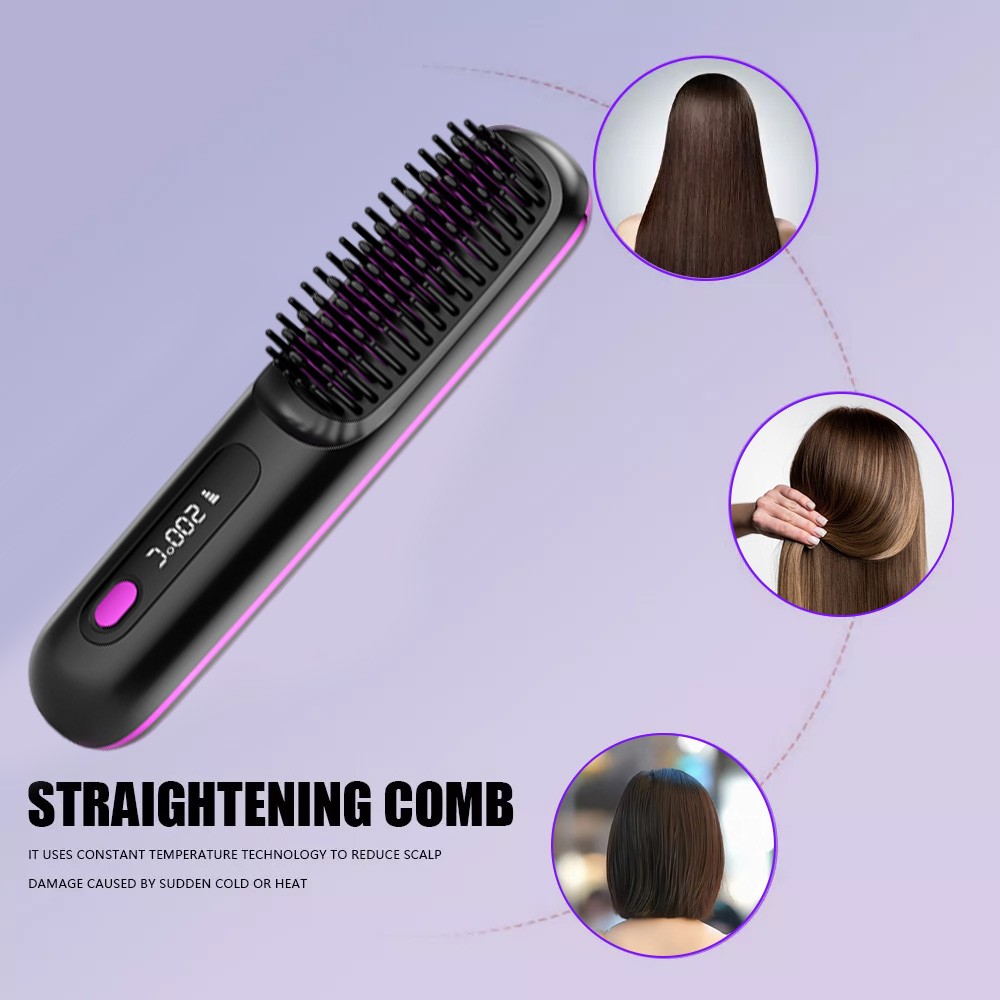 Black Hair Straightener Brush Travel Mini Rechargeable Hair Styler Fast Heating - Image 4