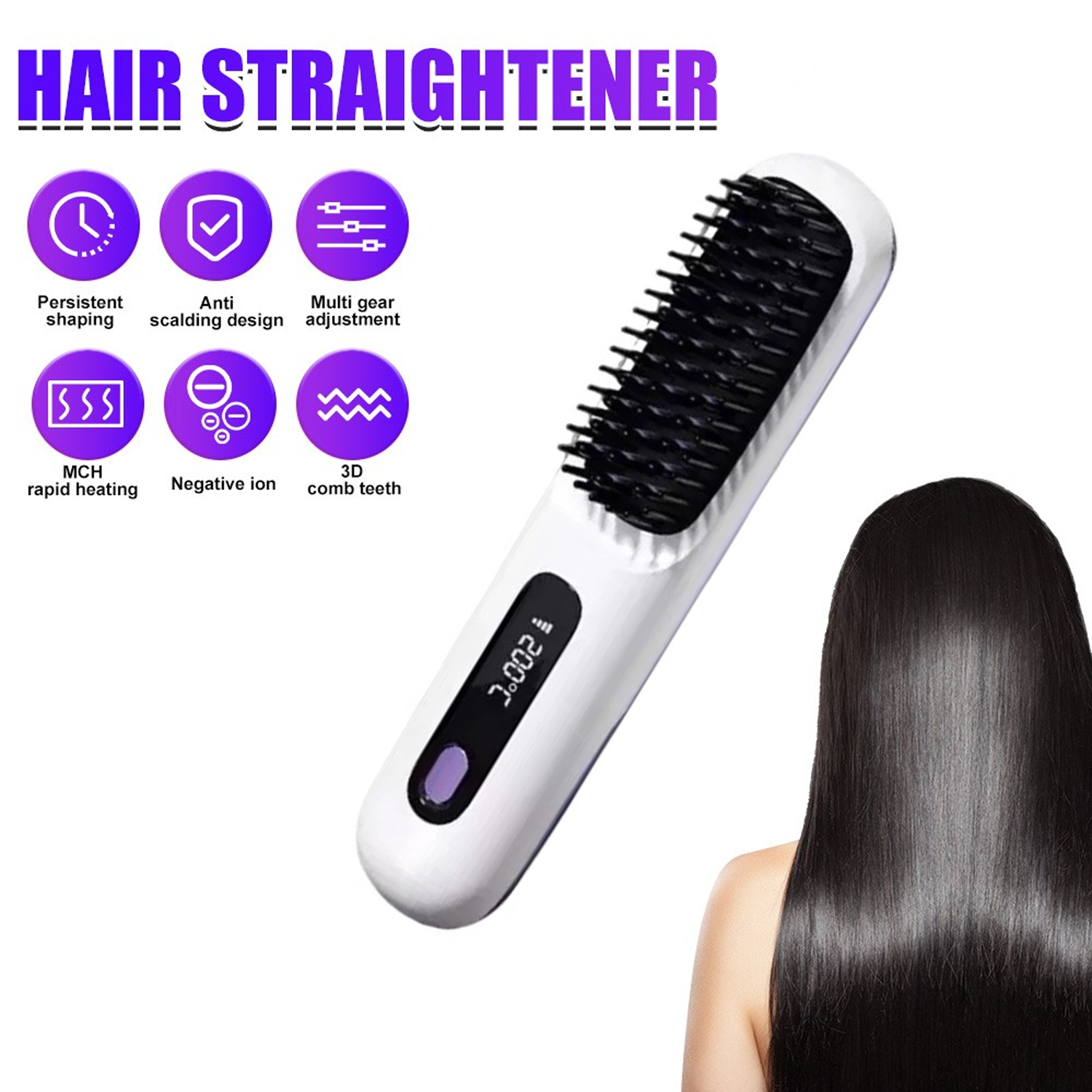 White Hair Straightener Brush Travel Mini Rechargeable Hair Styler Fast Heating - Image 1
